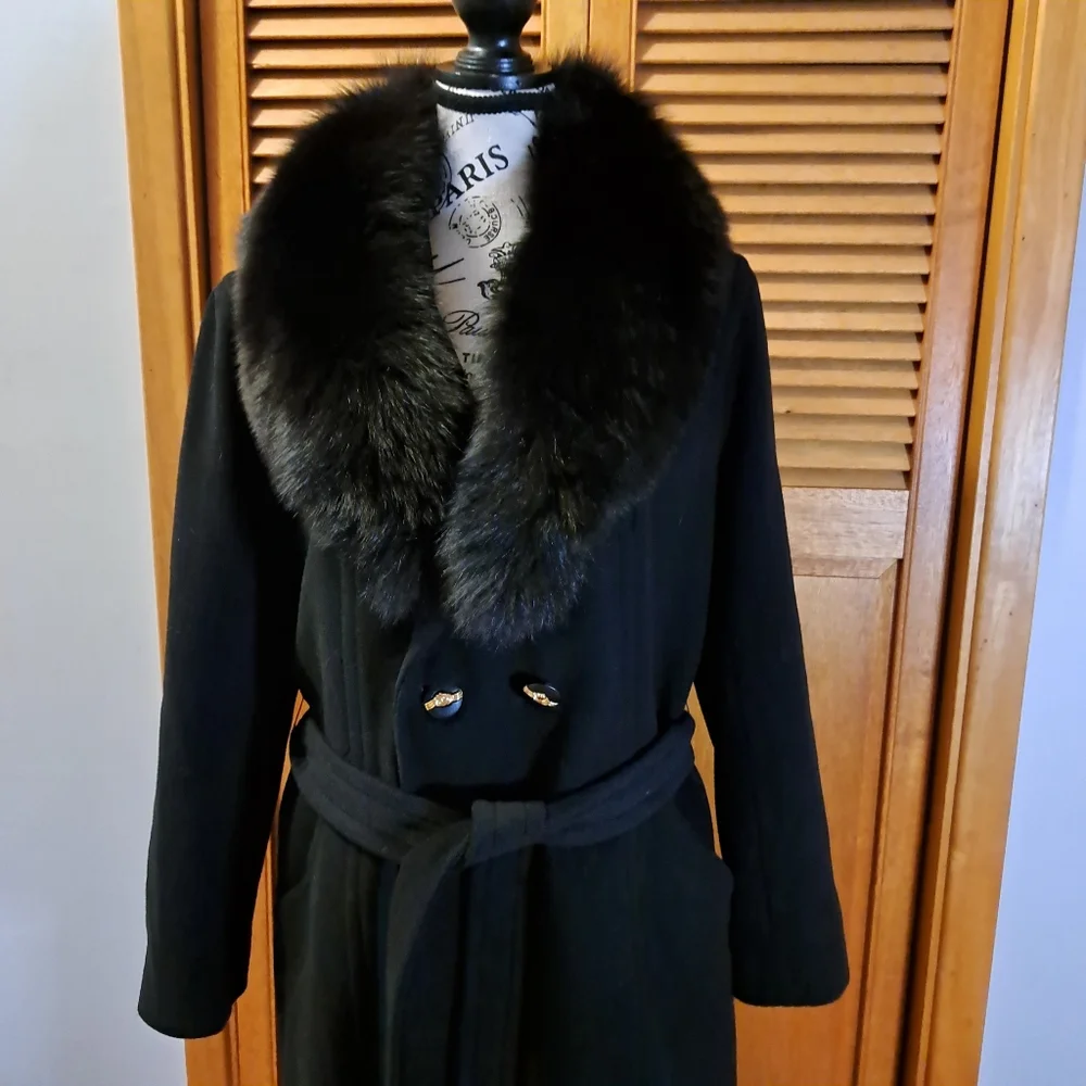 LA POMPADOUR Paris Wool And Cashmere Coat Removable Fur Collar Size 44 Euro - Picture 2 of 11